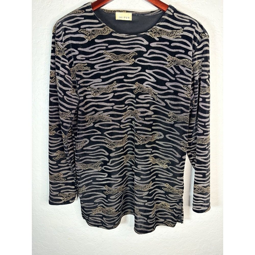 Women's Vintage Jaipur Black Long Sleeve Shirt With‎ Tiger Image Print, Medium